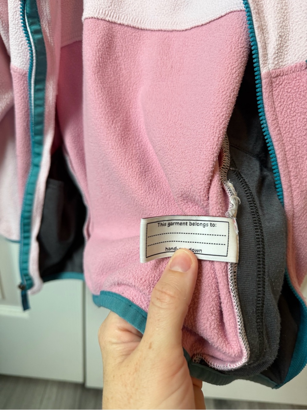 Patagonia Kids Two-Tone Pink Fleece Hoodie with Teal Trim - Picture 6 of 7